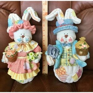 Large Spring-themed Easter Bunnies. Man and Woman Bunny Figurines  (Set of 2)